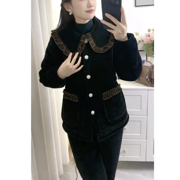 《收腰款》冬季外穿休闲咖色娃娃领花边秋冬加绒家居服套装收腰款02