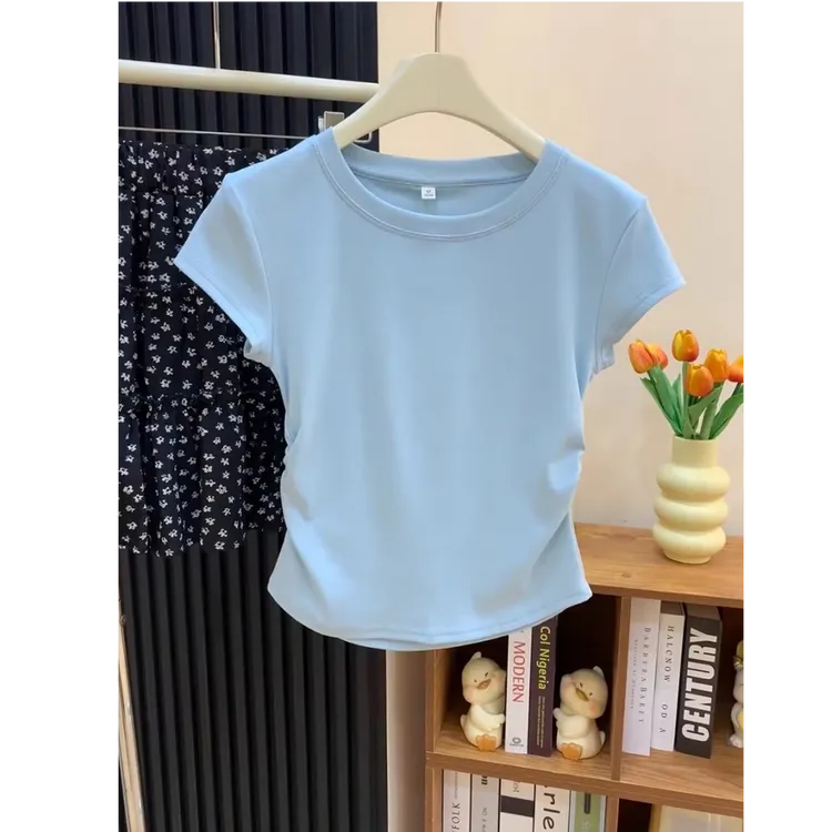 小个子奶蓝色多巴胺纯色T恤抽褶掐腰显瘦正肩短袖上衣女夏日穿搭