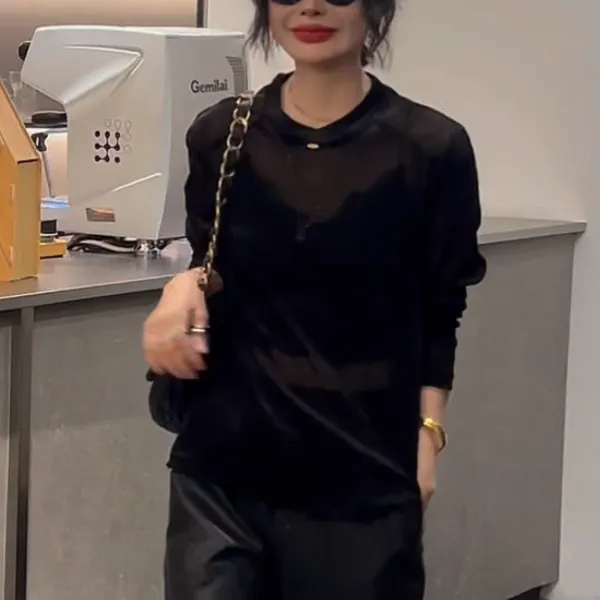 黑色圆领丝绒长袖T恤女秋欧货薄款微透提花垫肩辣妹修身短款上衣