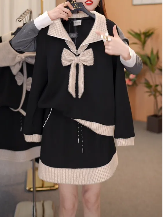 秋冬新款加绒卫衣套装时尚减龄蝴蝶结钉珠拼接上衣高腰短裙两件套