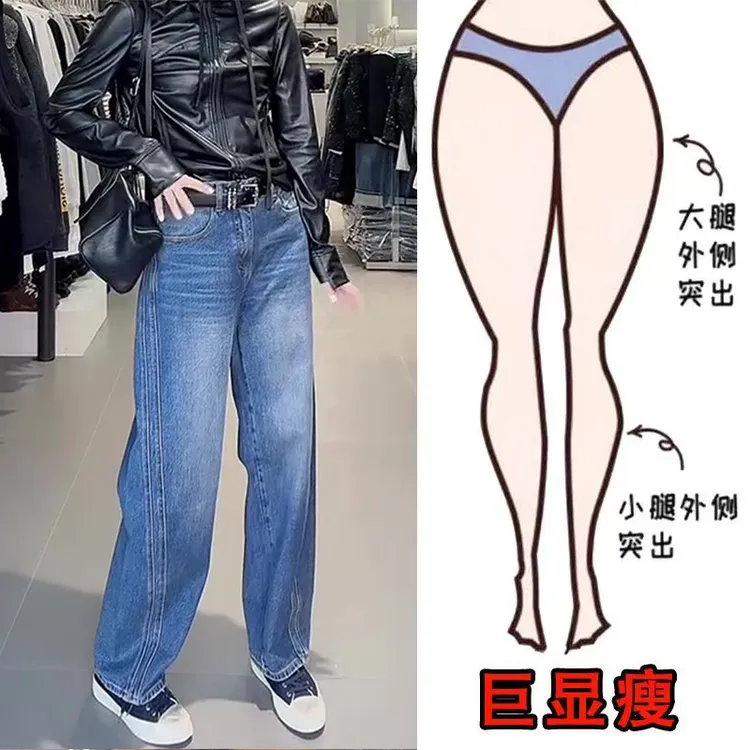 早秋新款美式时尚水洗复古设计通勤风显瘦高腰宽松百搭直筒牛仔裤