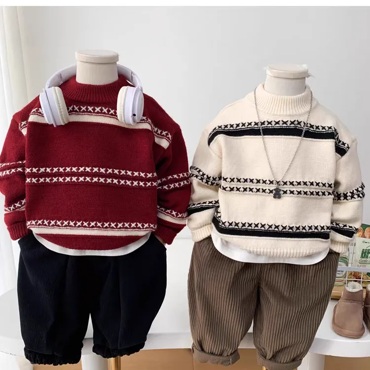 儿童毛衣男女童加厚针织衫2025冬新款宝宝条纹麻花套头打底衫保暖