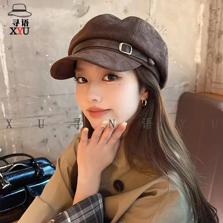 贝雷帽新款英伦风皮带八角帽鹿皮绒舒适面料百搭显脸小报童八角帽