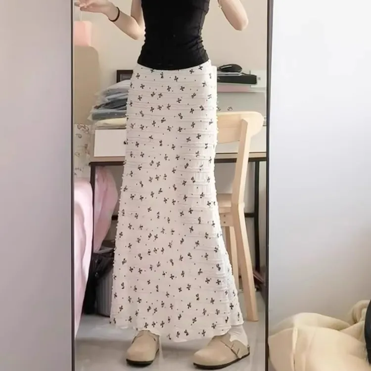 白色蕾丝半身裙女夏2026新款小个子印花鱼尾裙蝴蝶结碎花包臀裙子