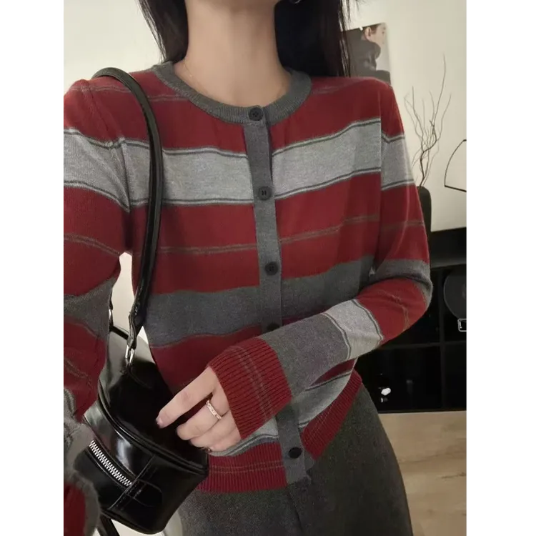 早秋新款韩版条纹拼色圆领长袖针织衫开衫休闲百搭外套上衣女1272