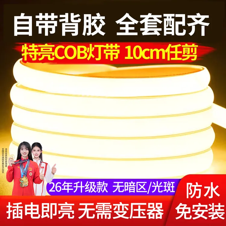 2026新款led灯带超薄220v防水超亮自粘线形家用客厅COB户外软灯条
