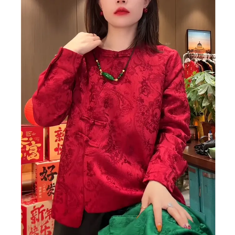 新中式国潮风红色上衣宽松版新年战袍打底衫女内搭休闲衣服大码