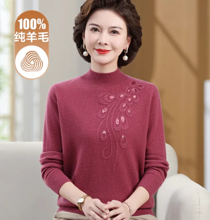 时尚妈妈100%纯羊毛衫半高领套头毛衣女秋冬中老年针织打底衫上衣