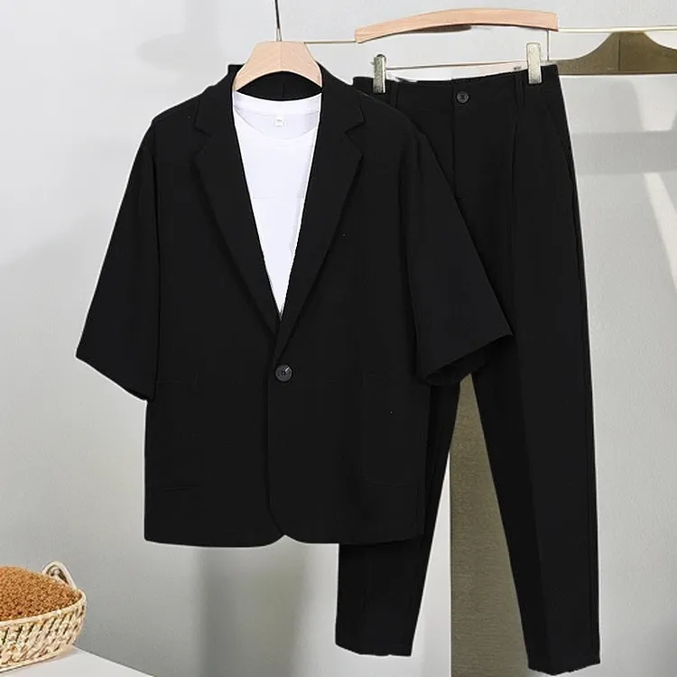 【三件套】夏季微胖休闲西服套装男士轻熟风小西装+内搭T恤+九分裤 