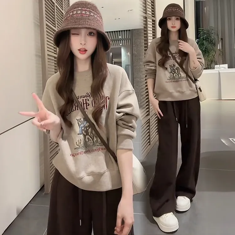 拉夏贝尔时尚套装女2025秋季新款显瘦圆领卫衣阔腿裤两件套潮