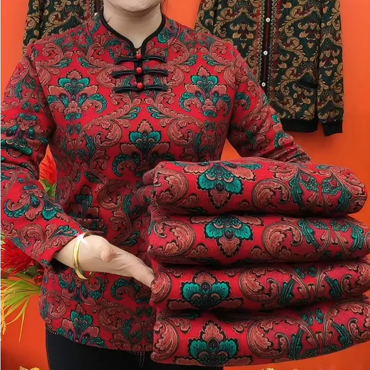 复古加绒妈妈衫长袖棉衣保暖棉服上衣女冬季新款半高领中老年女装