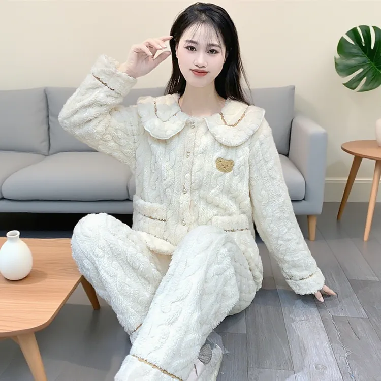 秋冬季睡衣女款法兰绒加厚毛绒冬季保暖大码家居服套装可外穿Y91