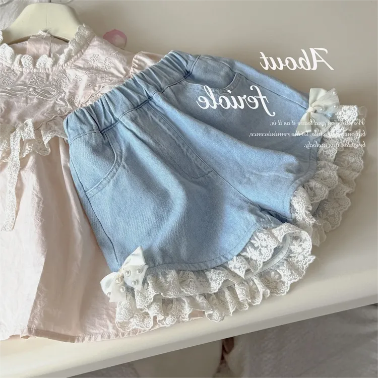 女童短裤女宝宝25夏季珍珠蝴蝶结牛仔短裤韩版洋气花边薄款热裤潮