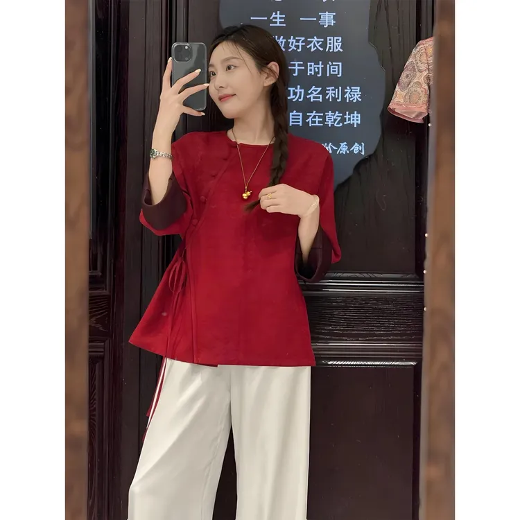 复古国风新中式红色提花上衣女秋季2025新款圆领斜襟改良日常汉服