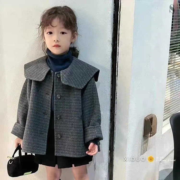 女童格子秋装韩国童装羊毛呢子儿童翻领休闲短款海军领单排扣外套