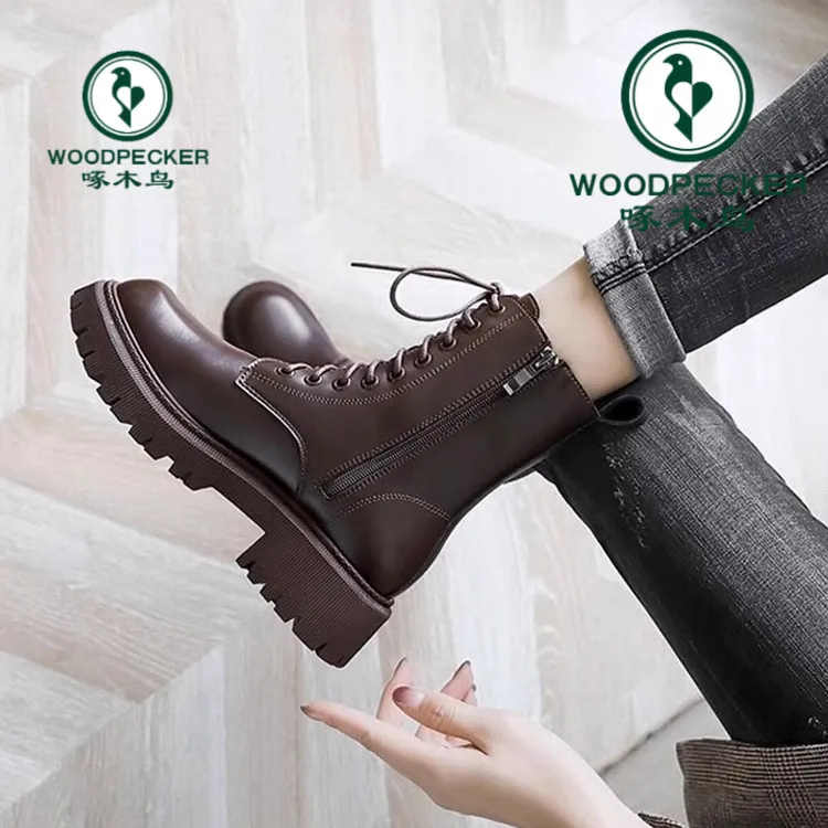啄木鸟马丁靴女英伦风2025新款秋冬加绒棕咖色厚底爆款短靴机车靴