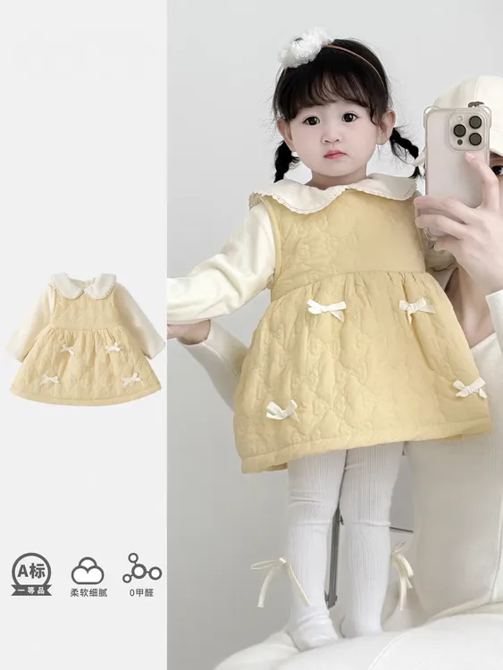 2025秋冬新款韩式女孩公主婴儿衣服加绒背心连衣裙洋气女宝宝冬装