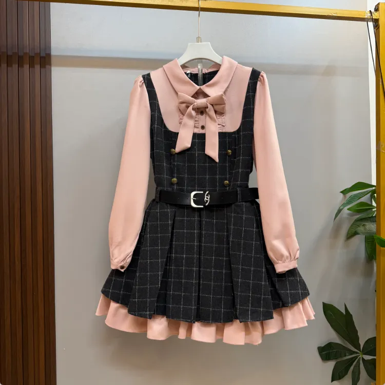 大码新款法式洋气蝴蝶结假两件设计甜美显瘦气质学院风连衣裙