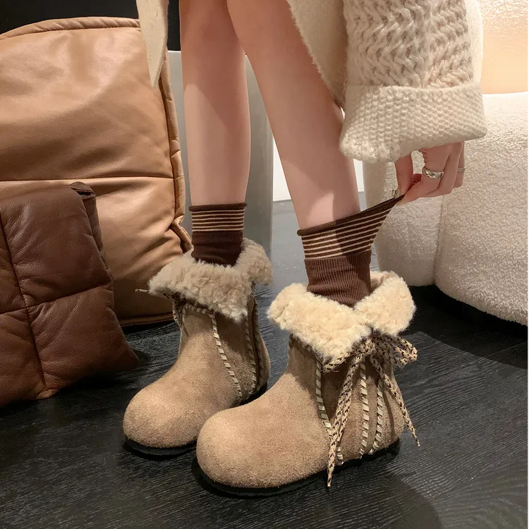 费尔岛～6cm增高反绒皮羊羔毛雪地靴女加绒冬季棉鞋勃肯鞋女