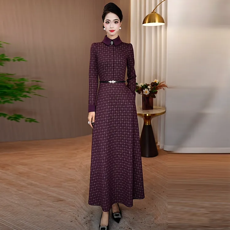 紫色连衣裙女2025秋季新款修身显瘦气质大摆裙子优雅时尚轻奢长裙