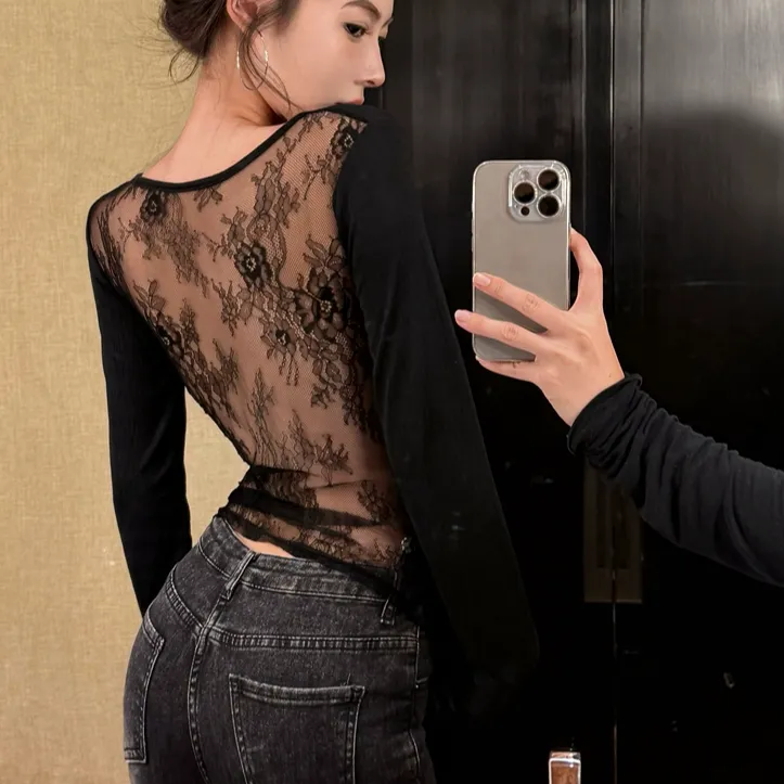 性感后背蕾丝拼接V领长袖T恤舞蹈服秋内搭显瘦打底衫短款露背上衣