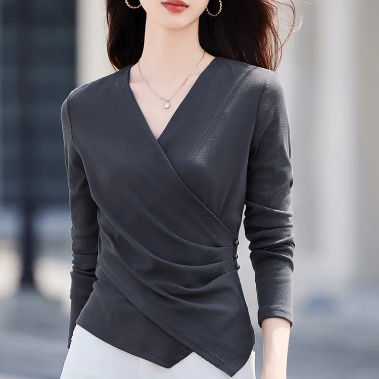 早秋不规则褶皱长袖T恤女ins潮2025新款打底衫洋气V领收腰上衣服