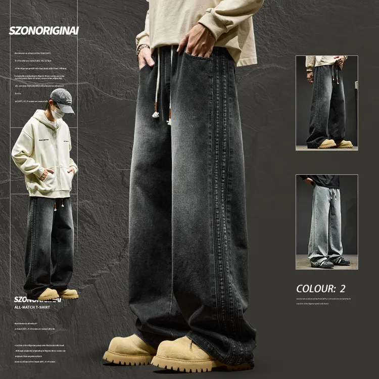 工装牛仔裤男款秋季痞帅宽松阔腿裤子新款美式潮牌休闲加绒直筒裤