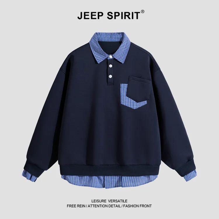 JEEPSPIRIT吉普春秋季翻领套头卫衣撞色长袖休闲拼接假两件宽松型