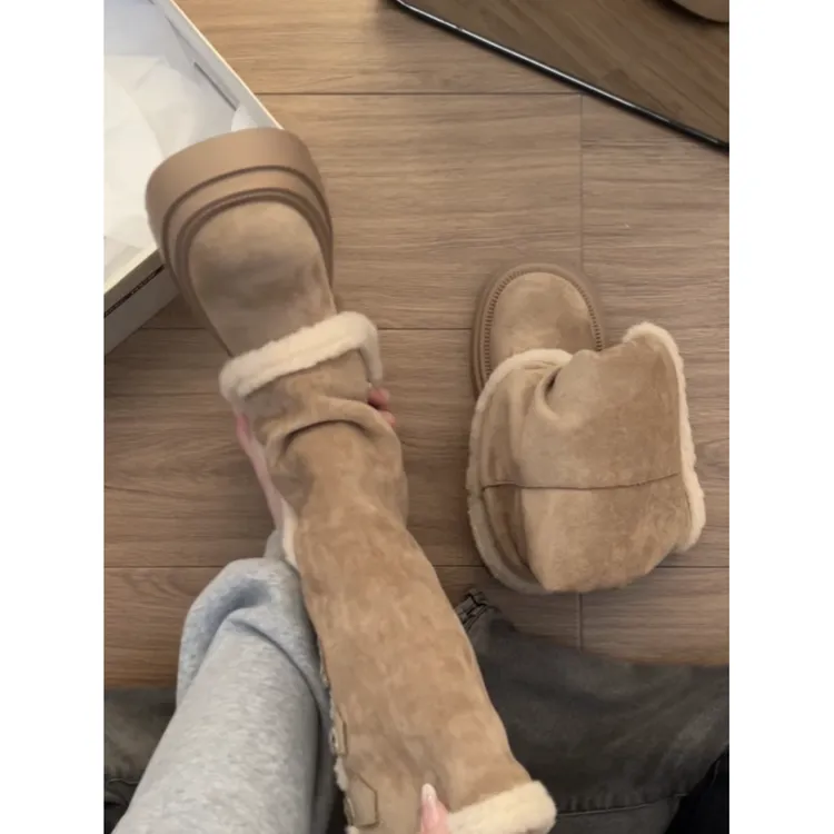 加绒保暖复古粗跟厚底靴子女长筒靴2025新款冬季增高显瘦裤管棉靴