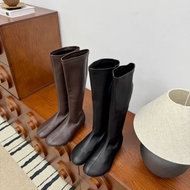 增高4cm~ 极简风百搭平底超柔软加绒瘦瘦靴中筒骑士长靴女弹力靴