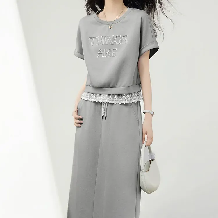 1073蕾丝拼接短袖半身裙两件套装女2025夏季新款洋气质减龄连衣裙