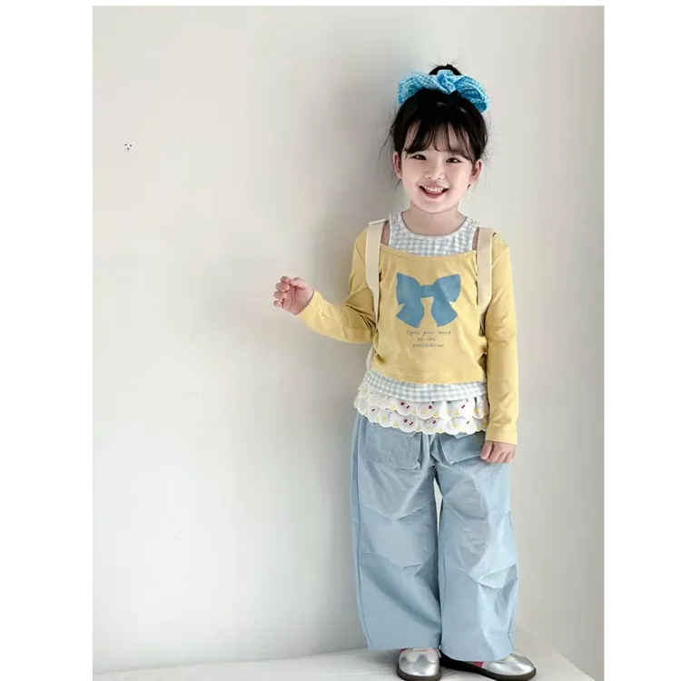 《小思家》女童2025春季新款小清新假两件T恤彩点P帘蓝色工装裤套装