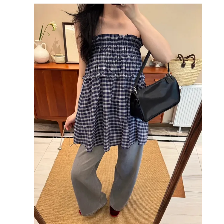 美式复古蓝色格子休闲半身裙女松紧夏季新款显瘦松弛百搭a字伞裙