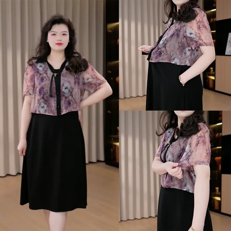 胖依依大码女装2025夏季新款气质百搭显瘦中长连衣裙250375