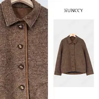 JIUNCCY【暖雾】绵羊毛混纺定制串珠扣绒面包边短款外套 52YWT073
