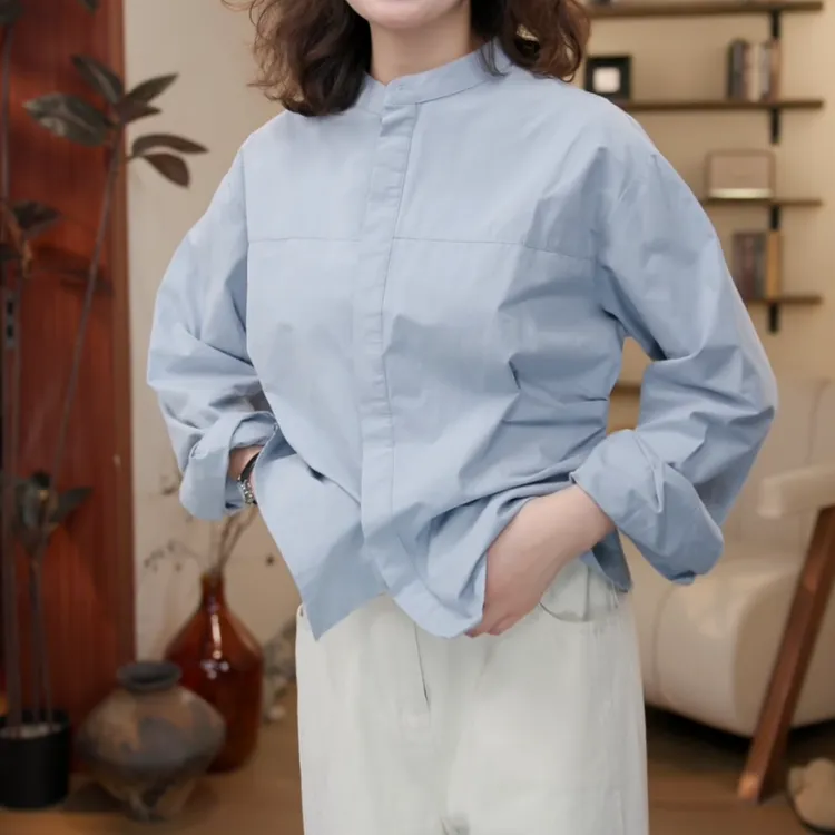 2025早春韩版新款设计感文艺风设计感捏褶圆领衬衫LK2501325