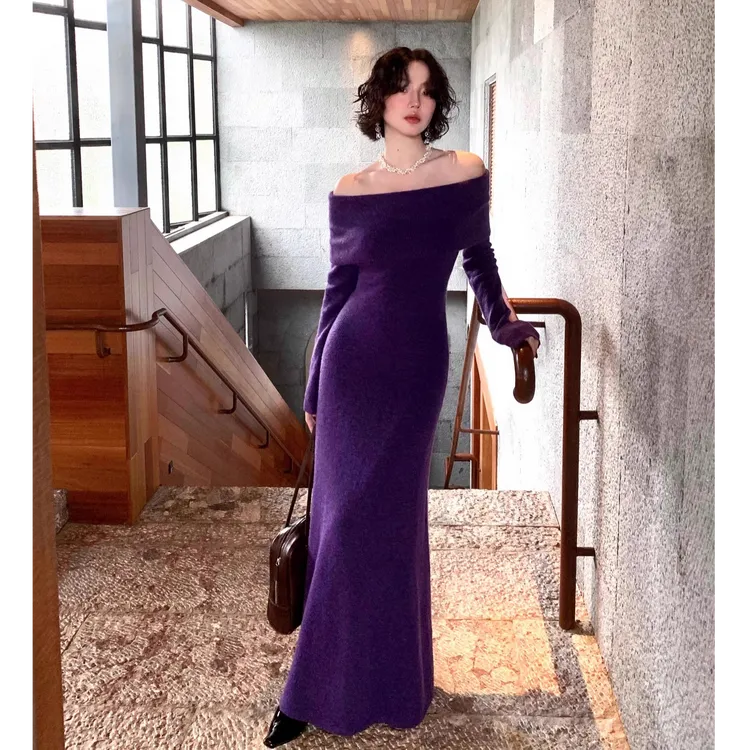 【紫风铃】港风复古秋冬新款一字肩鱼尾连衣裙