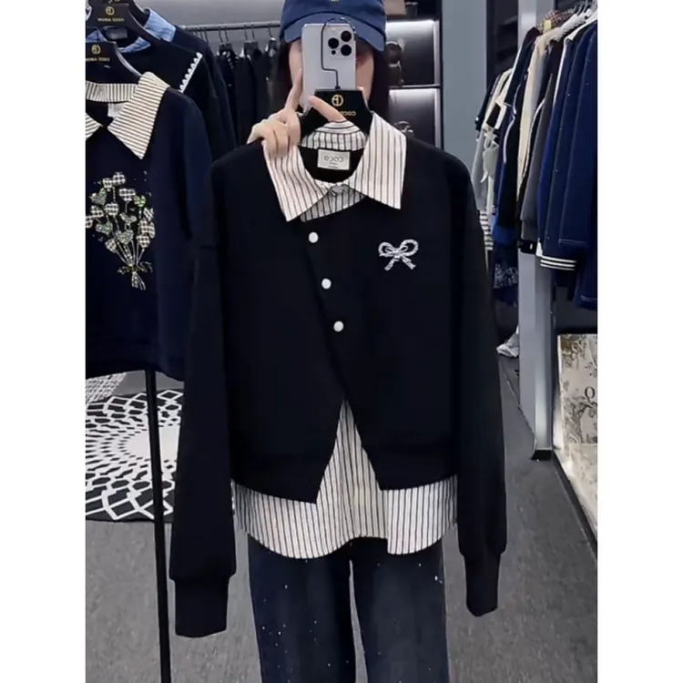 翻领长袖条纹拼接假两件卫衣女秋冬季新款高级感宽松显瘦减龄上衣