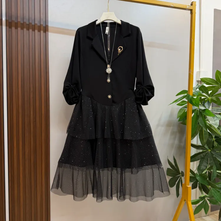 新款大码女装时尚气质西服领拼接亮闪闪显瘦连衣裙