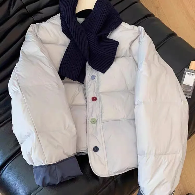 韩系温柔风气质棉服女2024秋冬季新款小个子显瘦撞色圆领棉衣外套