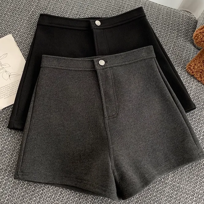 2025秋冬毛呢短裤加绒高腰休闲短裤极简风a字裤常规大码显瘦靴裤