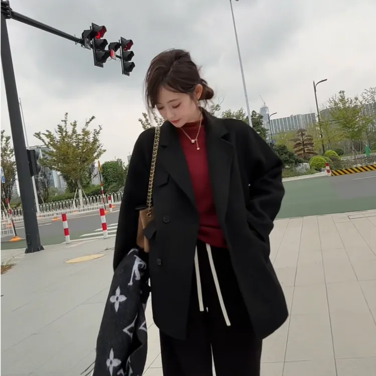 YX八WT2025191新款双面羊毛西装大衣百搭时尚气质