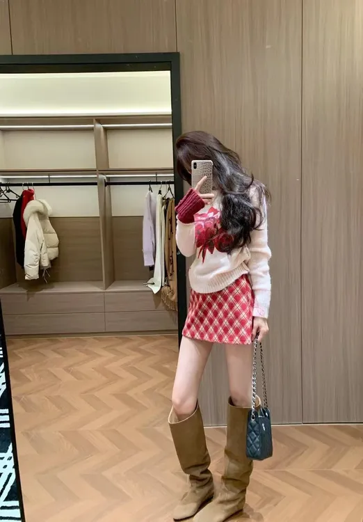 秋冬新款甜美风粉色花卉刺绣长袖针织衫长袖上衣气质百搭半身裙