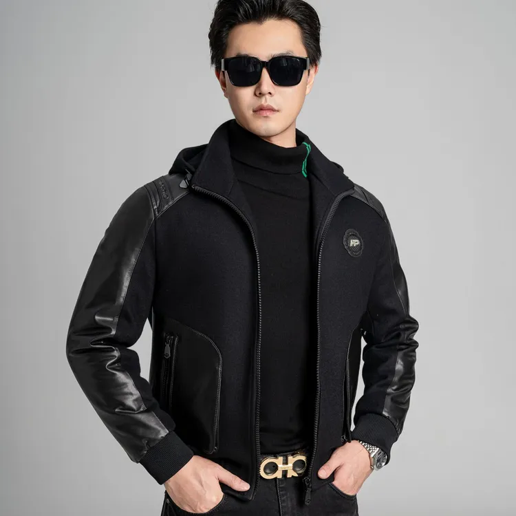 AipuDongni/艾普东尼男士高定时尚轻奢真皮拼接白鸭绒夹克外套