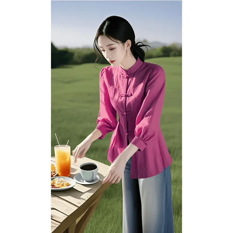 新中式国风上衣2025春季新款时尚高级感好看独特漂亮姜玫红色衬衫