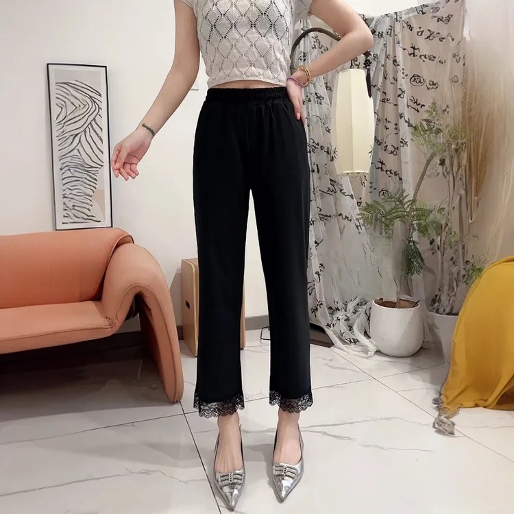 鲸鱼大码#夏季女士超薄国风开叉9分裤蕾丝拼接冰感速干面膜凉凉裤