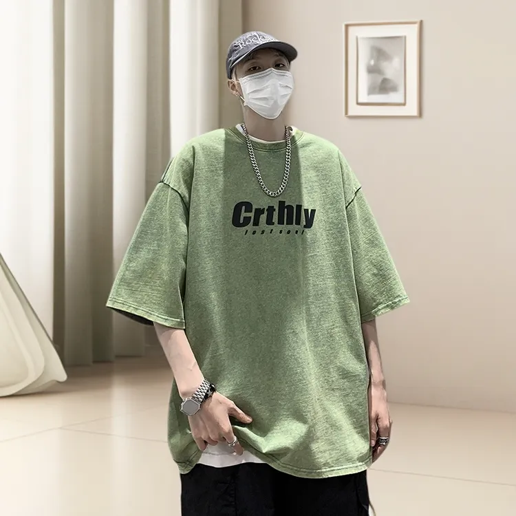 2025夏季新款大码做旧水洗T恤高街欧美大码男士高街纯棉大码T恤