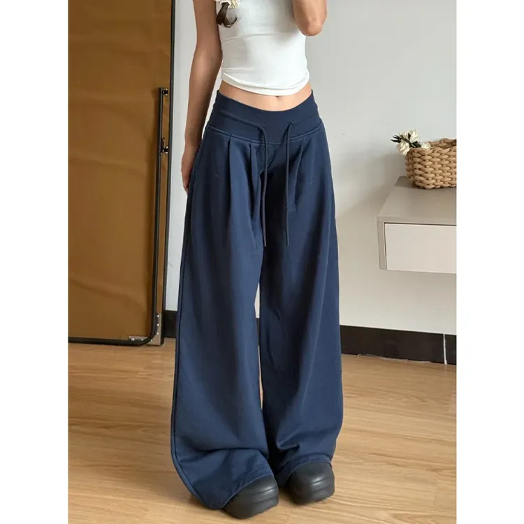 藏青色运动裤女春秋夏季2025新款低腰阔腿裤宽松休闲拖地直筒卫裤