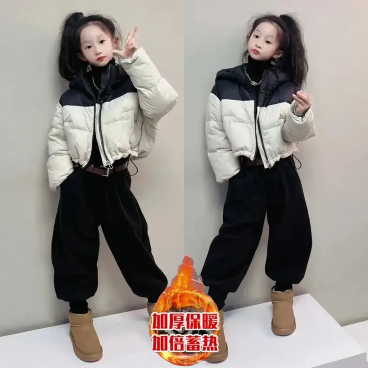 2025冬季女童拼色加厚棉服外套洋气儿童加绒保暖裤休闲时髦面包服