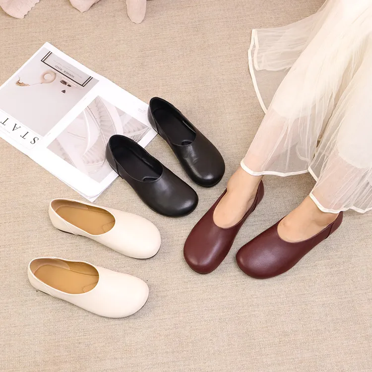 圆头可爱头层牛皮女鞋平底休闲鞋真皮单鞋软皮软底手工鞋纯皮中口